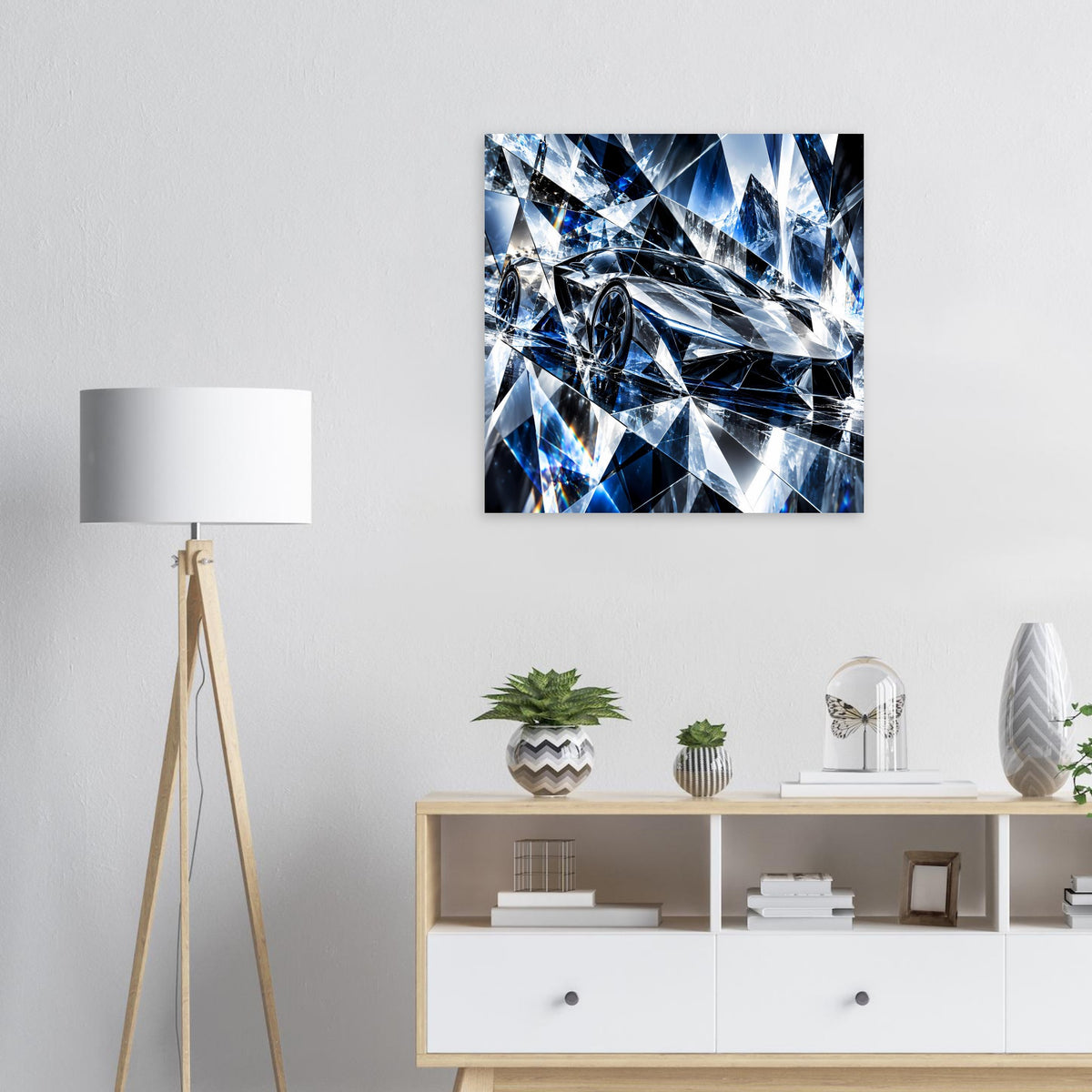 Blau-silbernes Kristall-Artwork-Poster mit abstrakter Sportwagenkontur