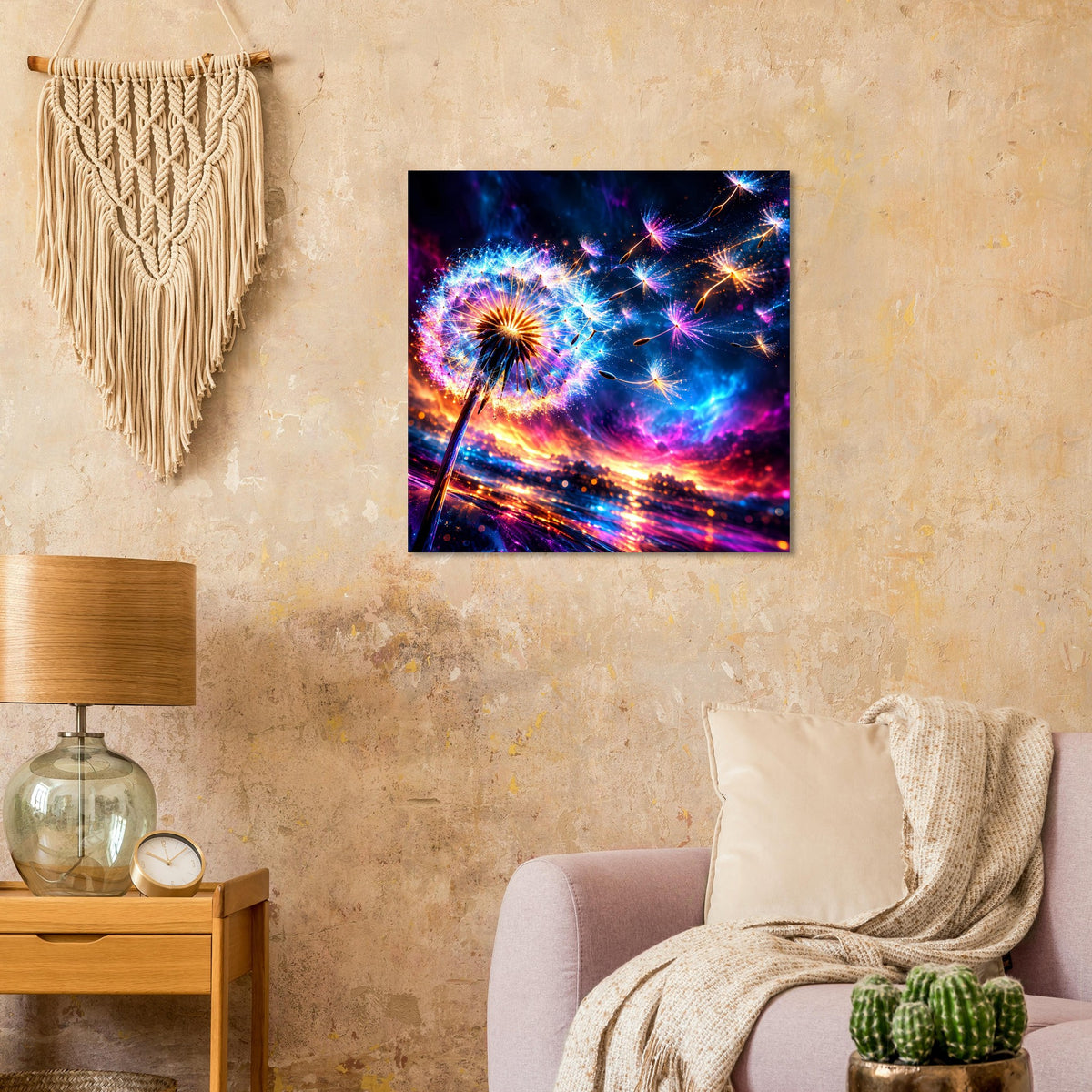 Quadratisches Poster mit leuchtendem Feuerwerk-Motiv in Neonfarben