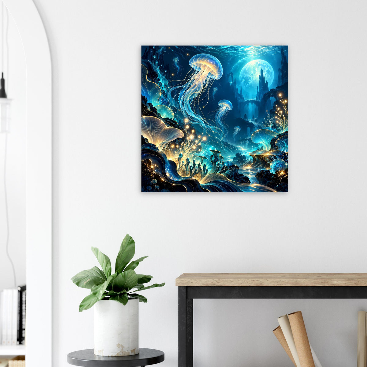 Unterwasserwelt-Poster mit leuchtenden Quallen und goldenen Lichtpunkten in Blau