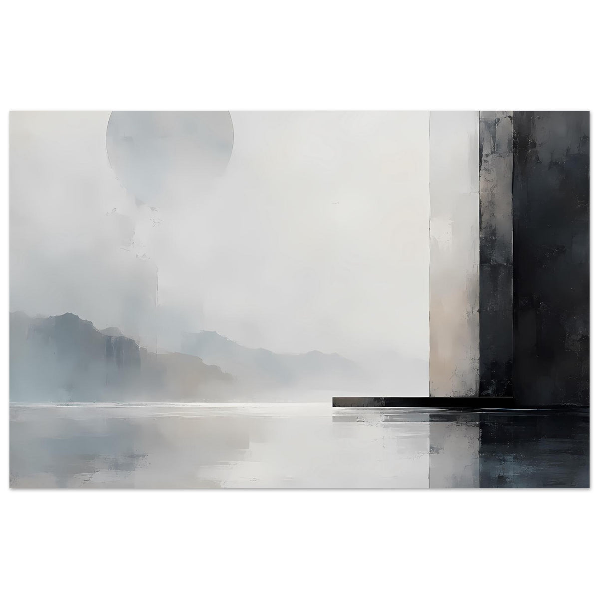 Monochromer Landschaftsposter mit Bergsilhouetten, großer Halbmond-Form und dunklem Eckstreifen rechts