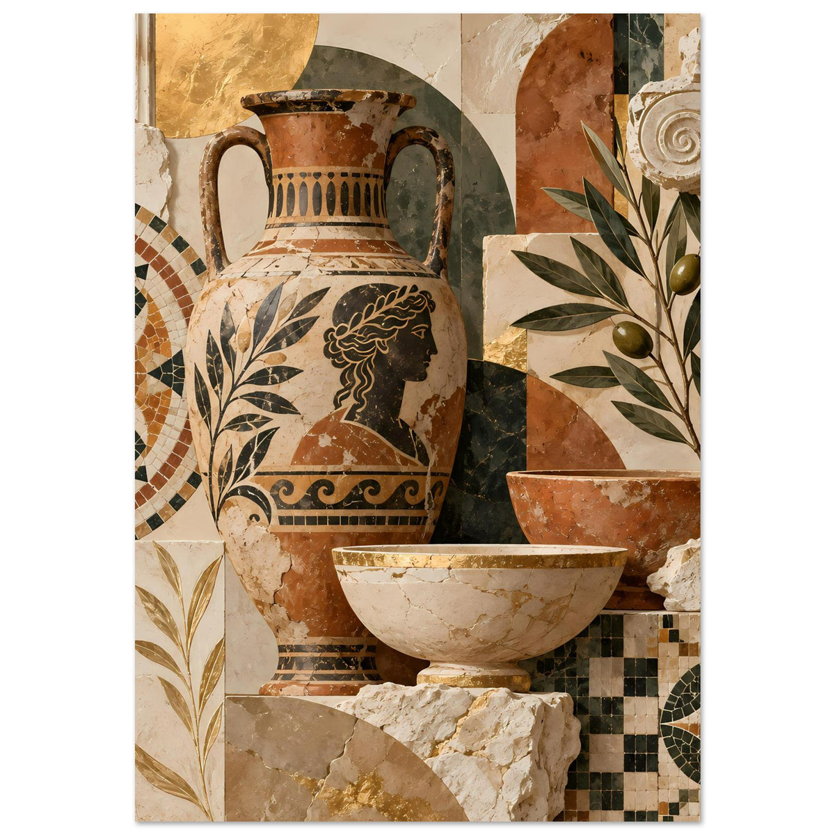 Mediterranes Mosaikposter mit Keramikvase, Schale, Mosaikfliesen und Pflanzenornamenten
