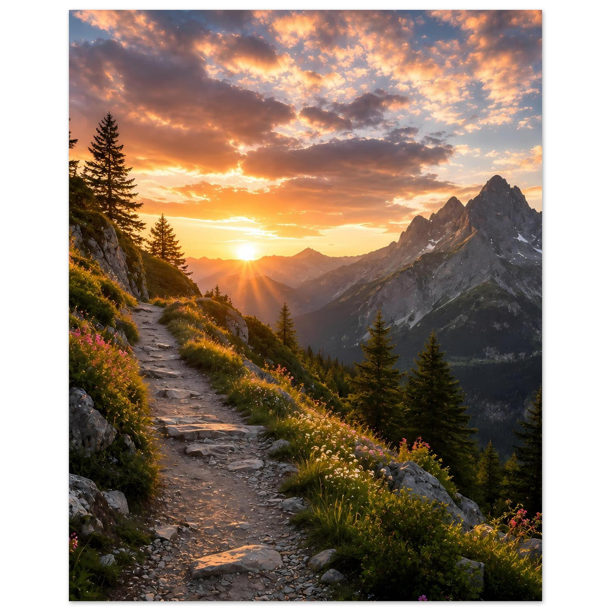 Berglandschafts-Poster im Hochformat mit Sonnenaufgang, Tannenhang und Berggipfeln