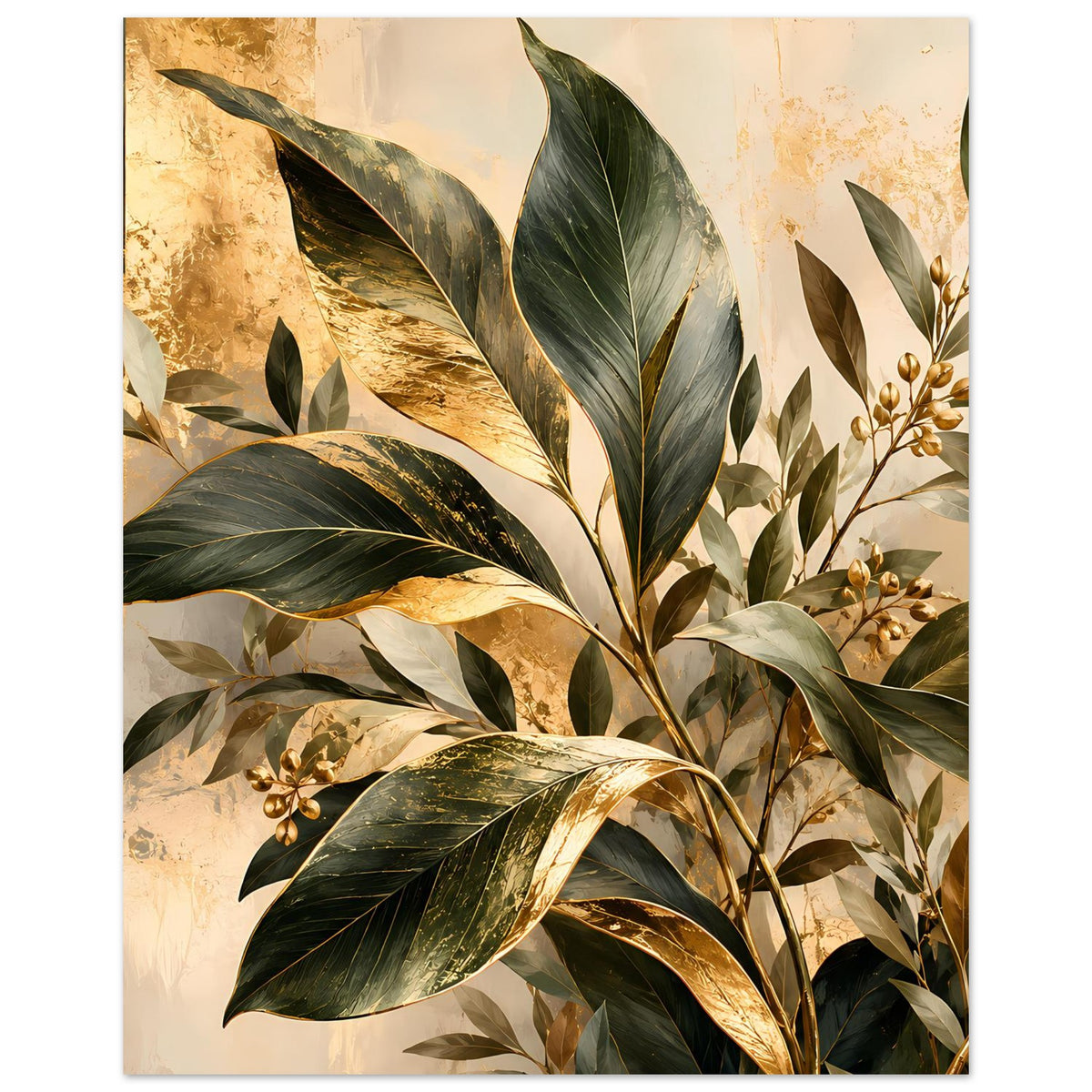 Poster im Hochformat mit botanischem Motiv: grüne Blätter und goldene Akzente