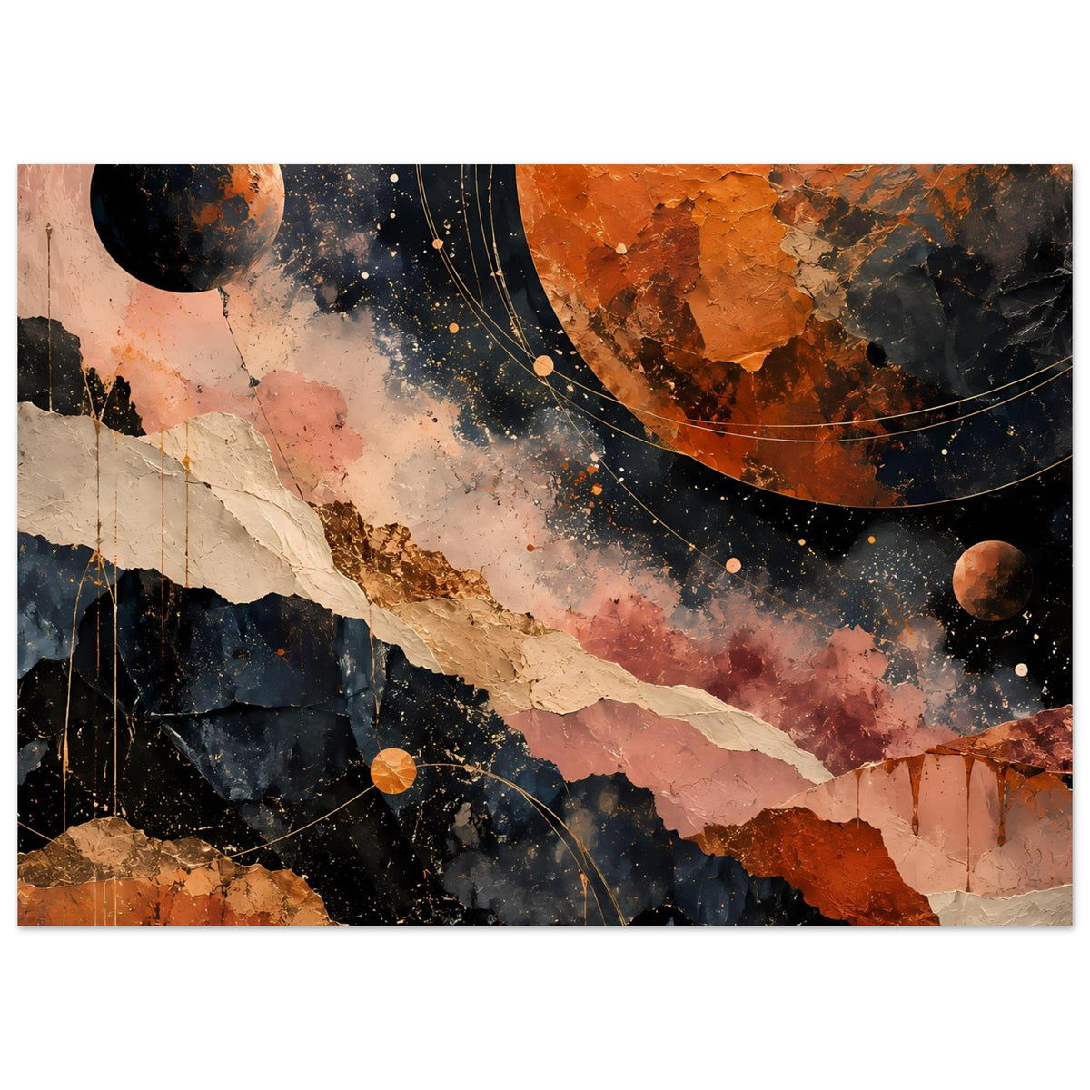 Kosmos-Landschaftsposter in warmen Erdtönen mit Planeten, Sternenstaub und Ringen, horizontal