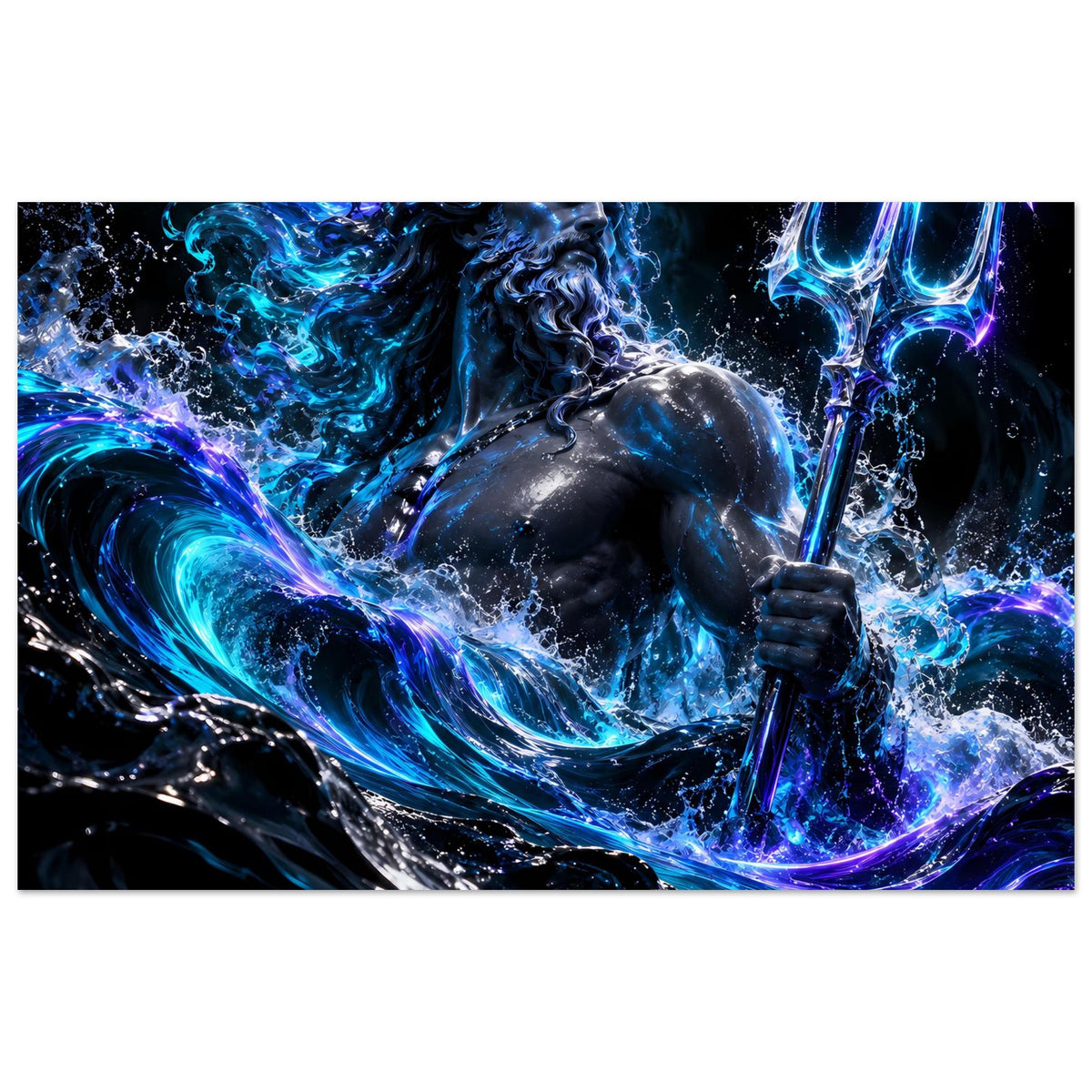 Querformat-Poster: Poseidon mit Dreizack, leuchtend blaue Energie in Wellen und Wasserwirbeln