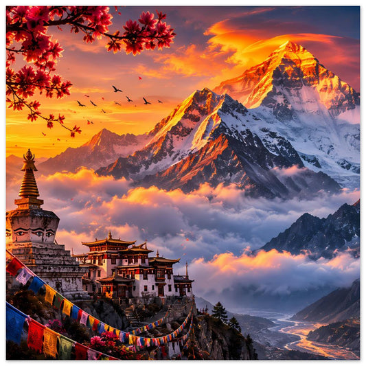 Poster mit Berglandschaft bei Sonnenuntergang, schneebedeckten Gipfeln, Tempel und Kirschzweigen
