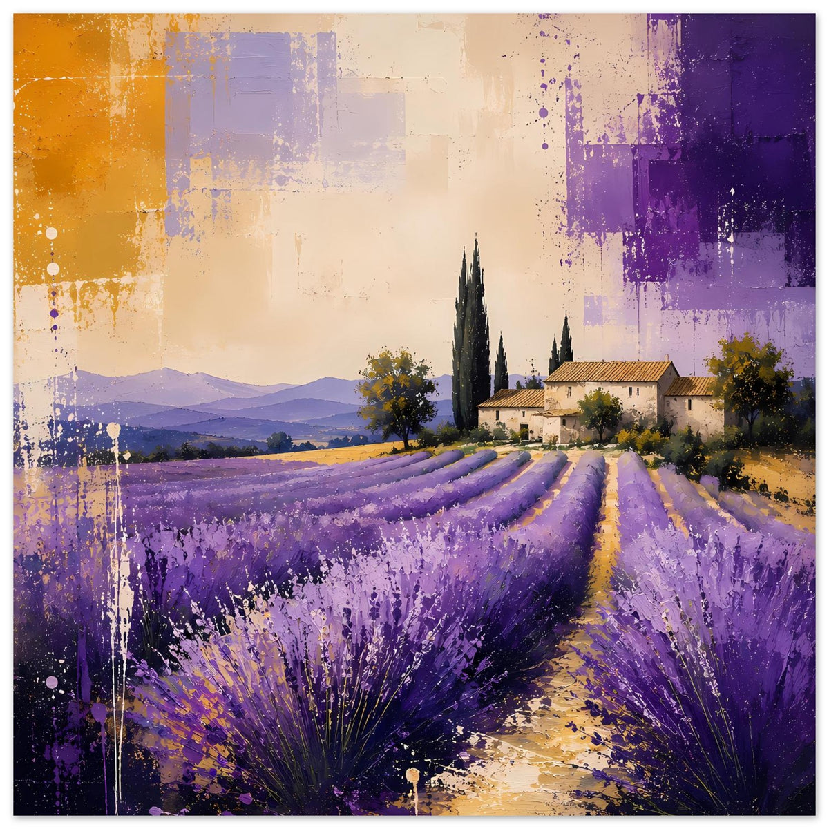 Lavendel-Landschaftsposter mit violetten Reihen, Lavendel im Vordergrund und Pfad