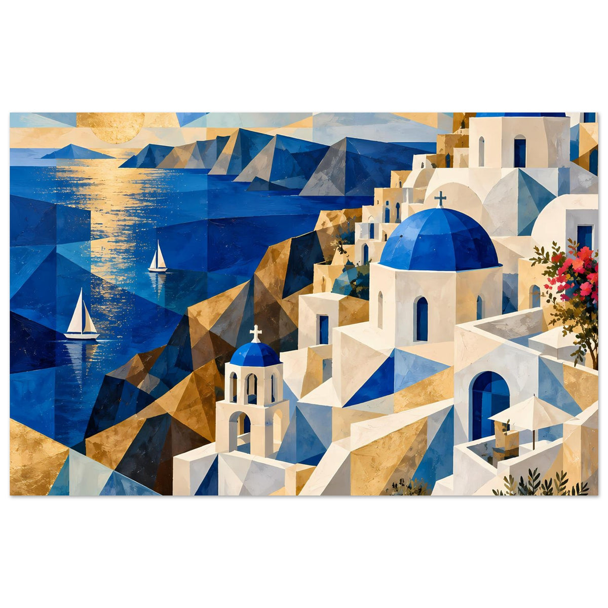 Breites Poster mit blauem Wasser, geometrischen Flächen und weißen Gebäuden mit blauen Kuppeln
