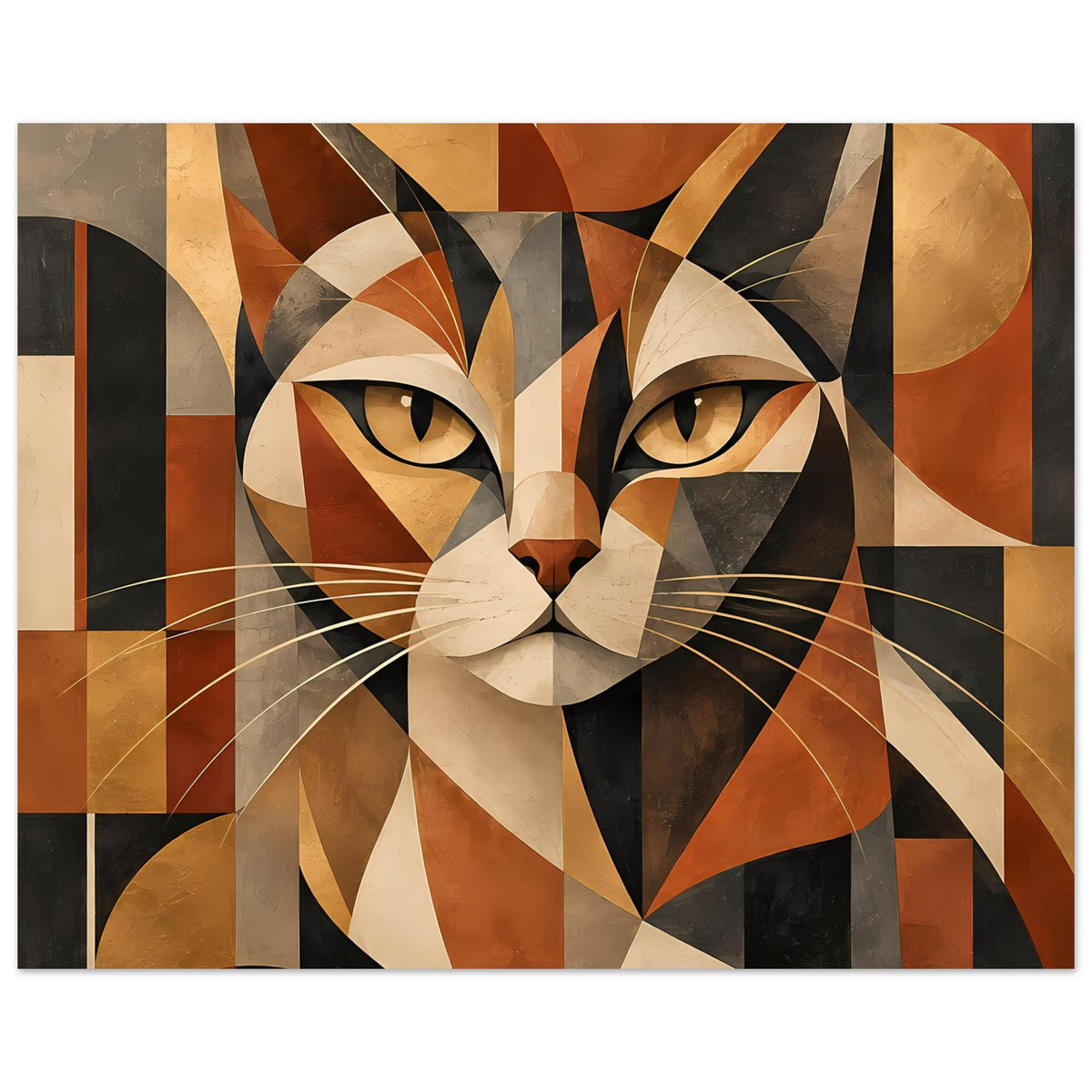 Geometrisches Katzenporträt-Poster in warmen Erdtönen, abstraktes Gesicht mit Schnurrhaaren