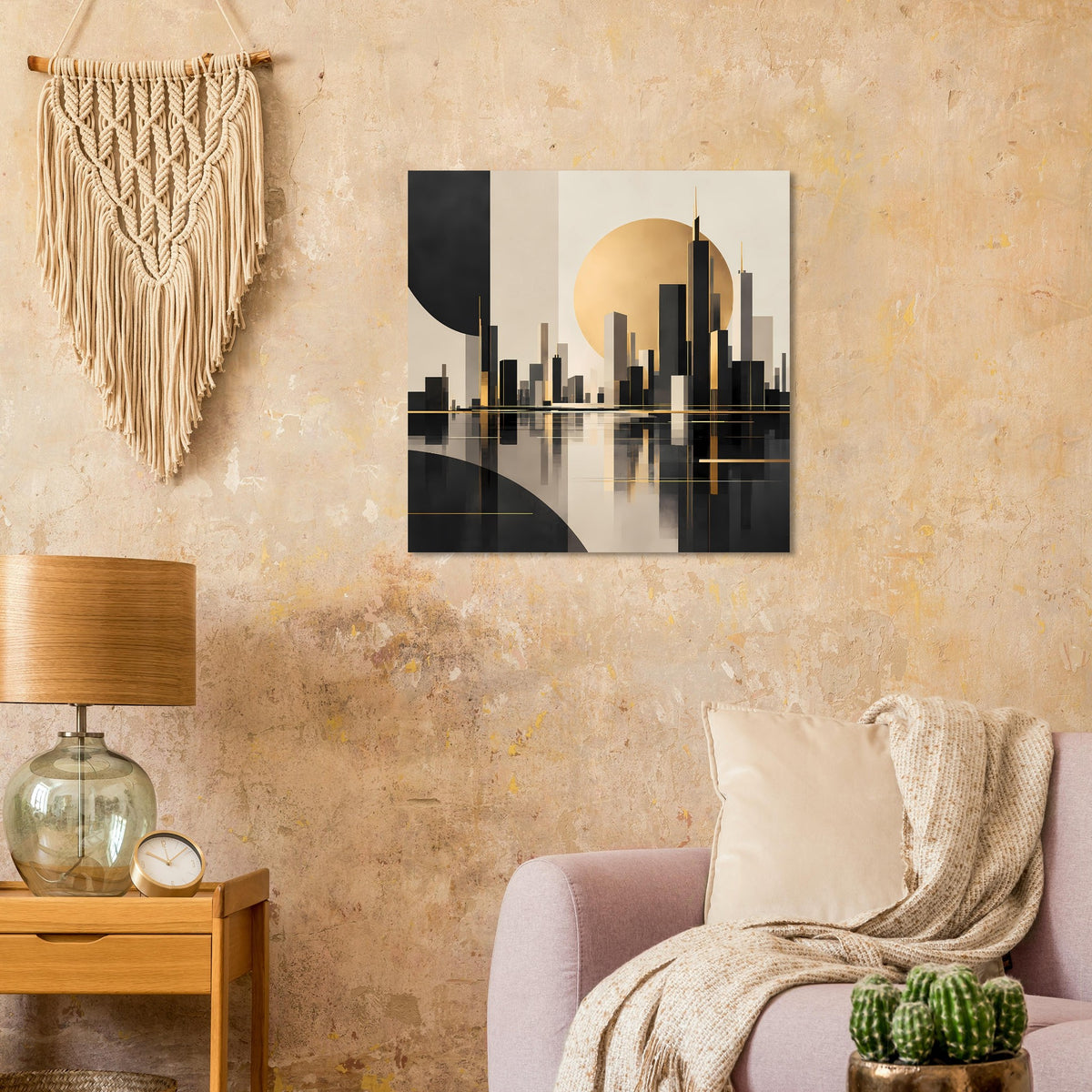 Abstraktes Stadtlandschaft-Poster in Gold, Schwarz und Beige