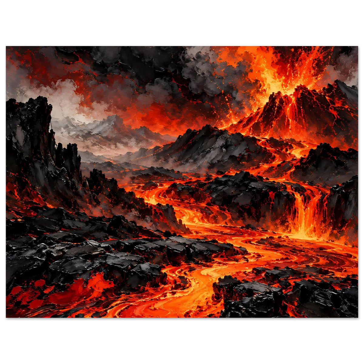 Vulkan-Ausbruch Poster, horizontales Motiv mit fließender Lava, Schluchten und Asche