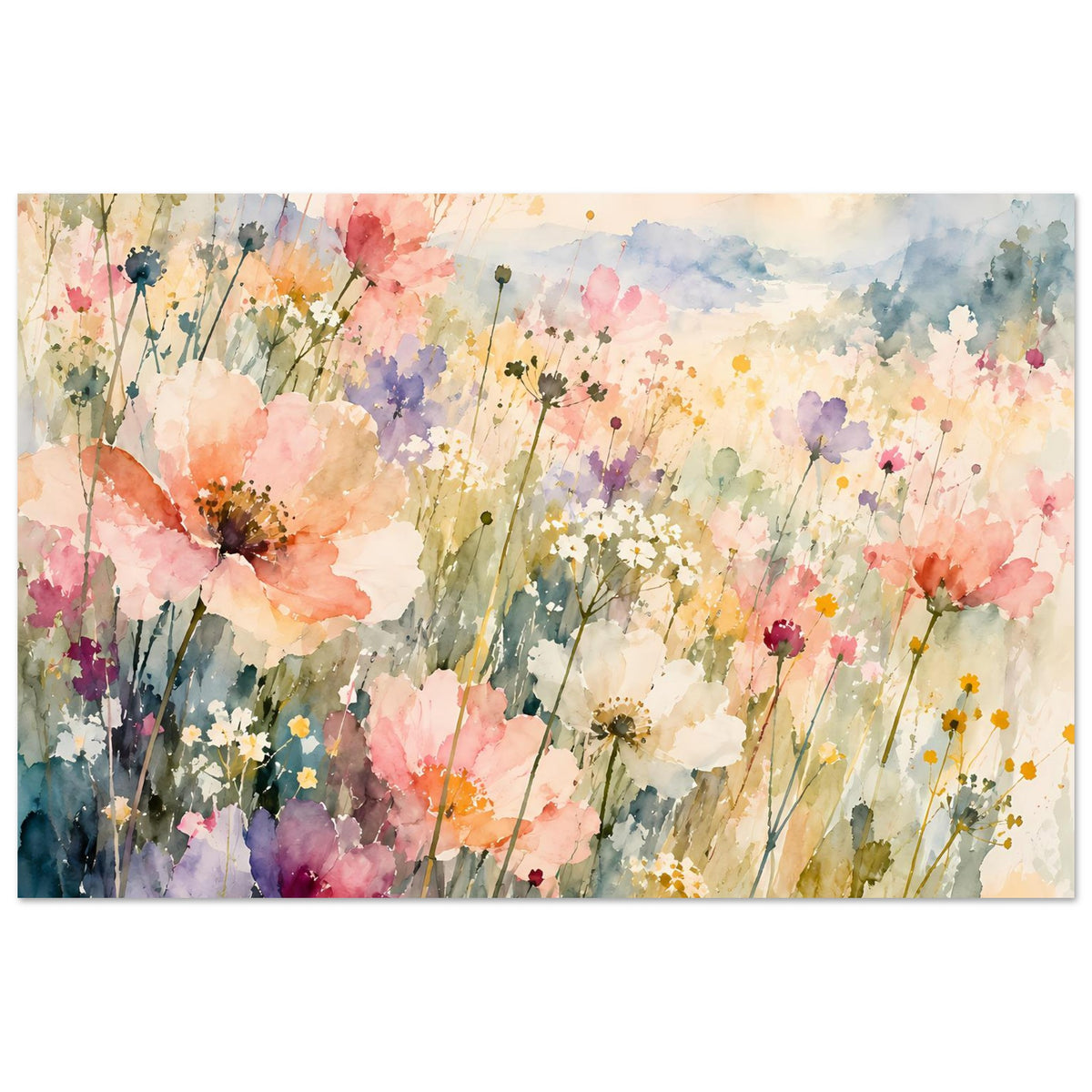 Aquarell-Poster mit Pastell-Wildblumen, horizontale Darstellung mit vielen Blüten