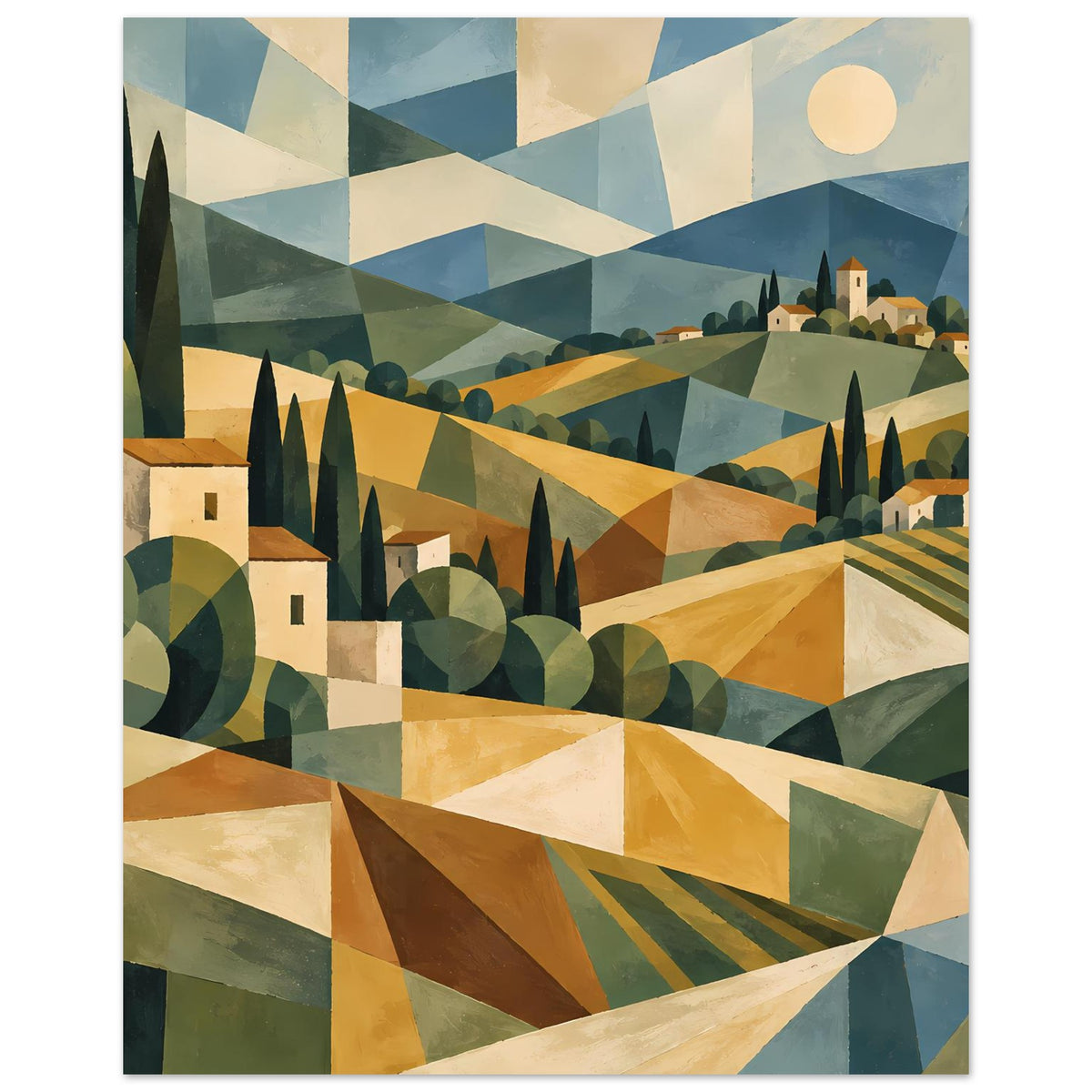 Poster: geometrische Toskana-Landschaft mit Hügeln, Häusern, Zypressen und Feldern