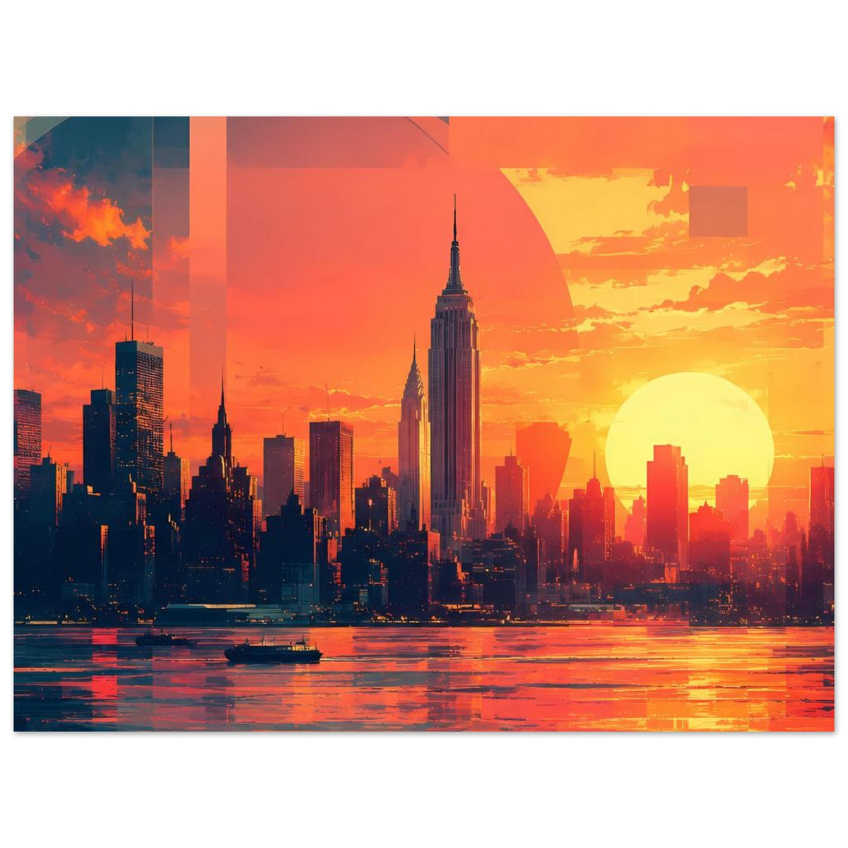 Horizontales Poster mit beleuchteter Stadt-Silhouette bei Sonnenuntergang, orangefarbener Himmel und Sonne
