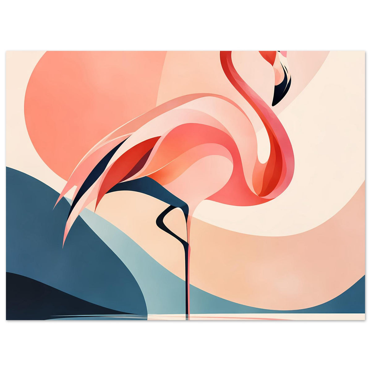 Kunstdruck-Detail: Flamingo-Formen, rote Feder und schwarzer Schnabel vor blauem Bereich