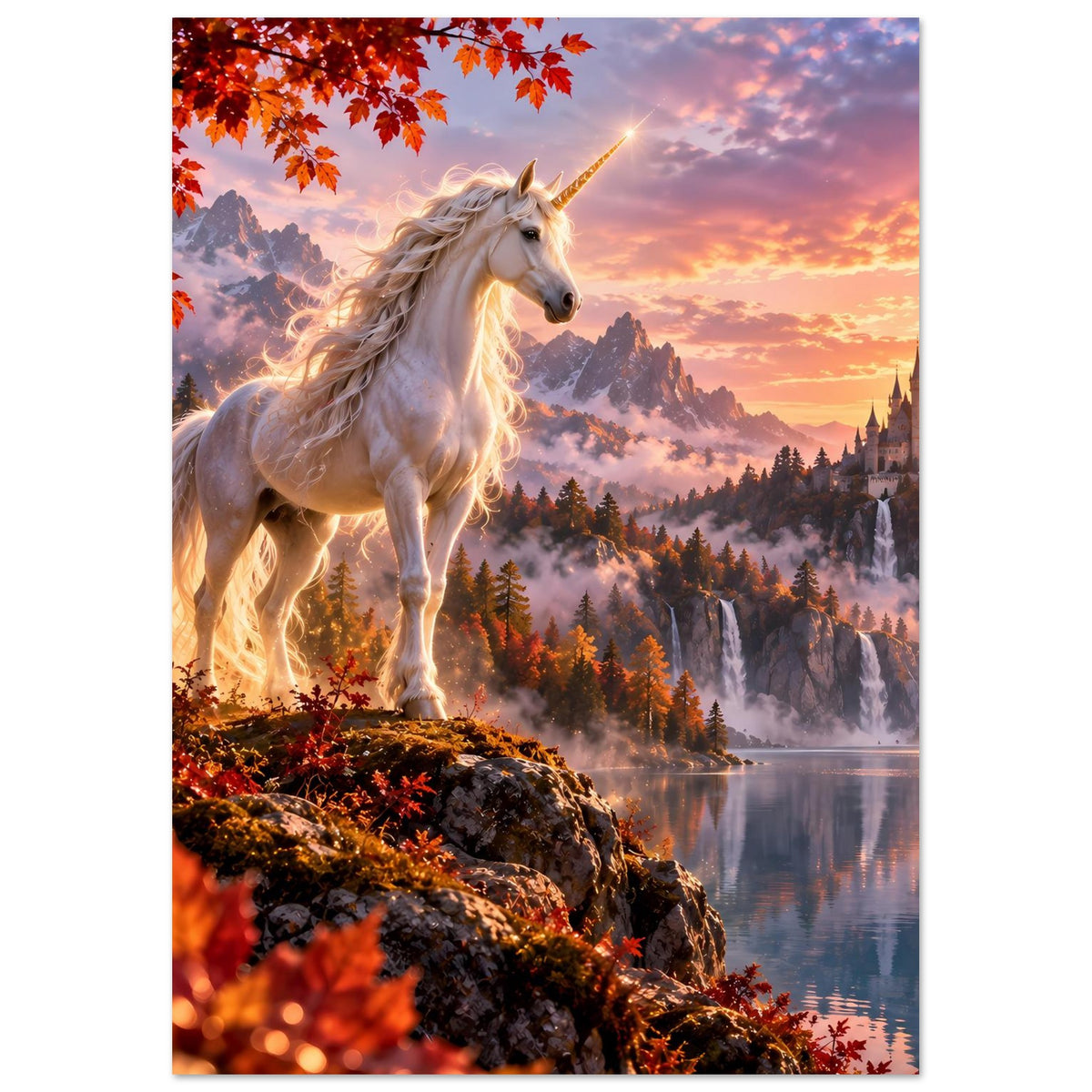 Fantasyposter mit weißem Einhorn auf Felsen, leuchtender Mähne, Herbstlaub, Sonnenuntergang
