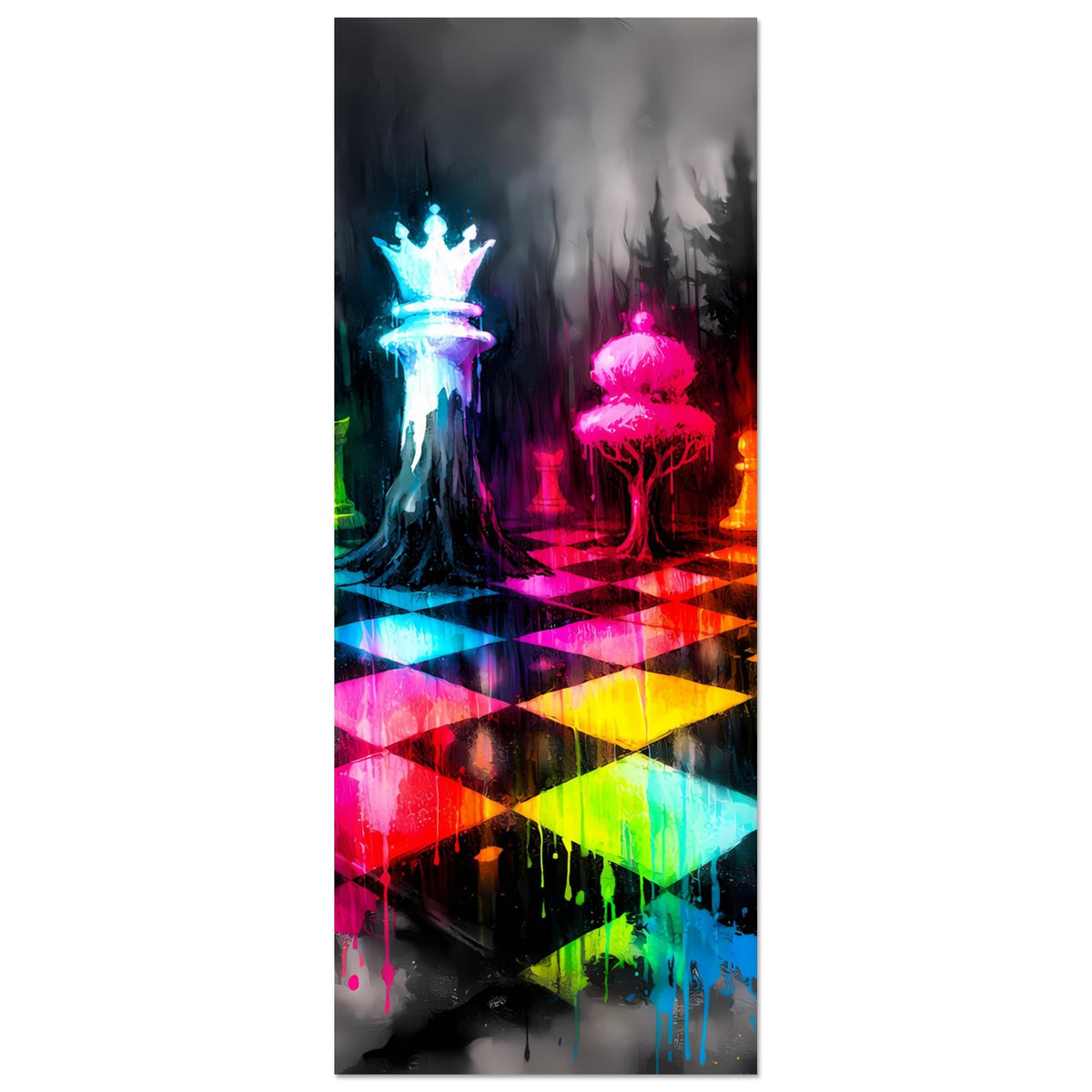 Neon-Schachspiel-Poster (hochkant): leuchtendes Schachbrett mit farbigen Figuren im Fokus