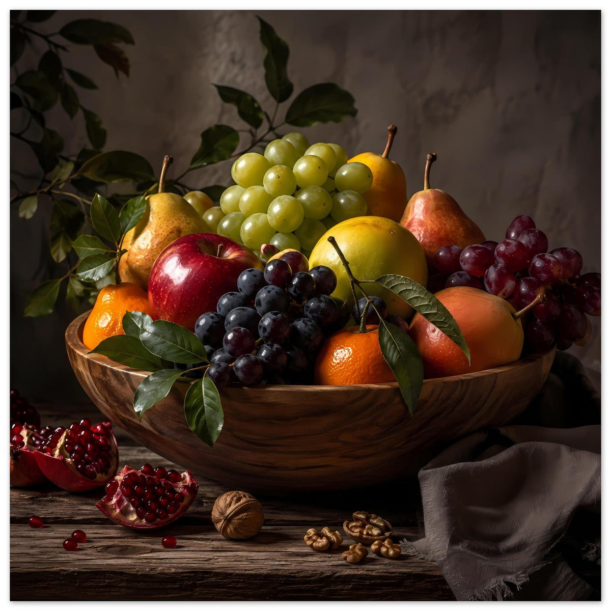 Früchtekorb-Poster mit Obstschale: gelbe und dunkle Trauben, Granatapfel und Nüsse