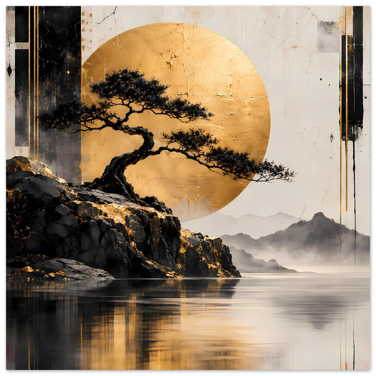 Breites Zen-Poster mit Bonsai-Baum, goldenem Kreis, schwarzen Felsen und goldenen Reflexen