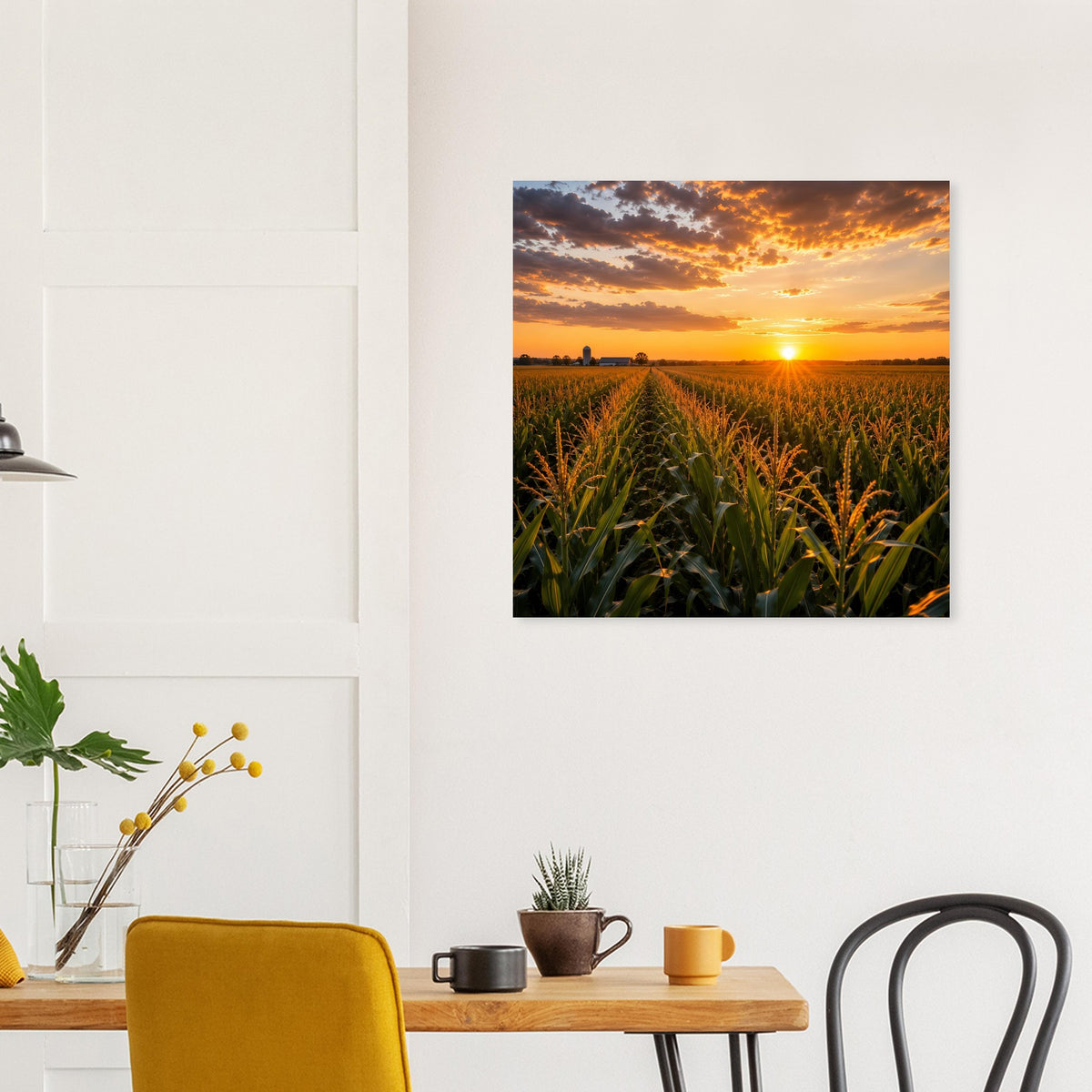 Quadratisches Poster mit Sonnenuntergang über Maisfeld, warmes Farbspiel