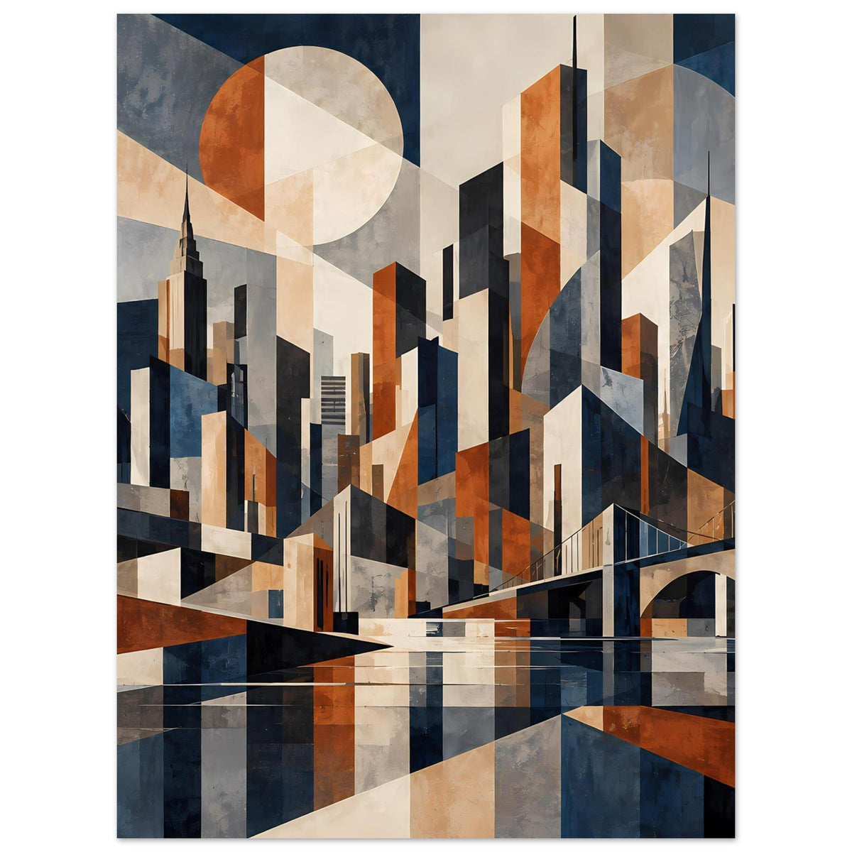 Poster mit abstrakter Skyline: Gebäude und Brücke in Blau, Beige und Rostrot, geometrische Muster.