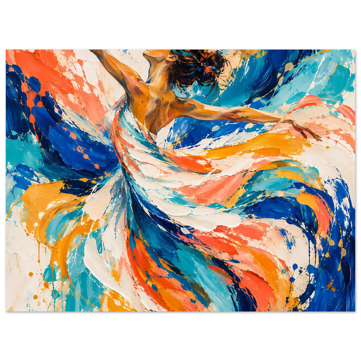 Abstraktes Tanzposter mit kräftigen Farbflächen in Blau, Orange und Weiß