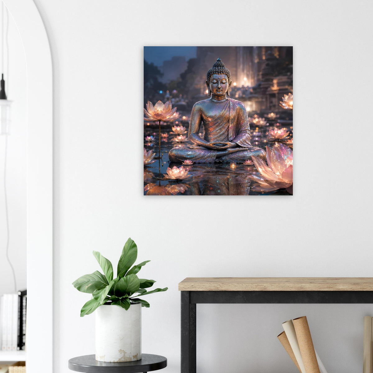 Gerahmtes Meditationsposter: sitzender Buddha vor leuchtenden Lotusblüten, quadratisch