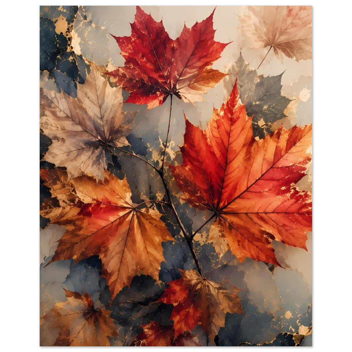 Herbst-Poster mit Ahornblättern in Rot, Orange und Beige, abstrakt überlagert und facettiert