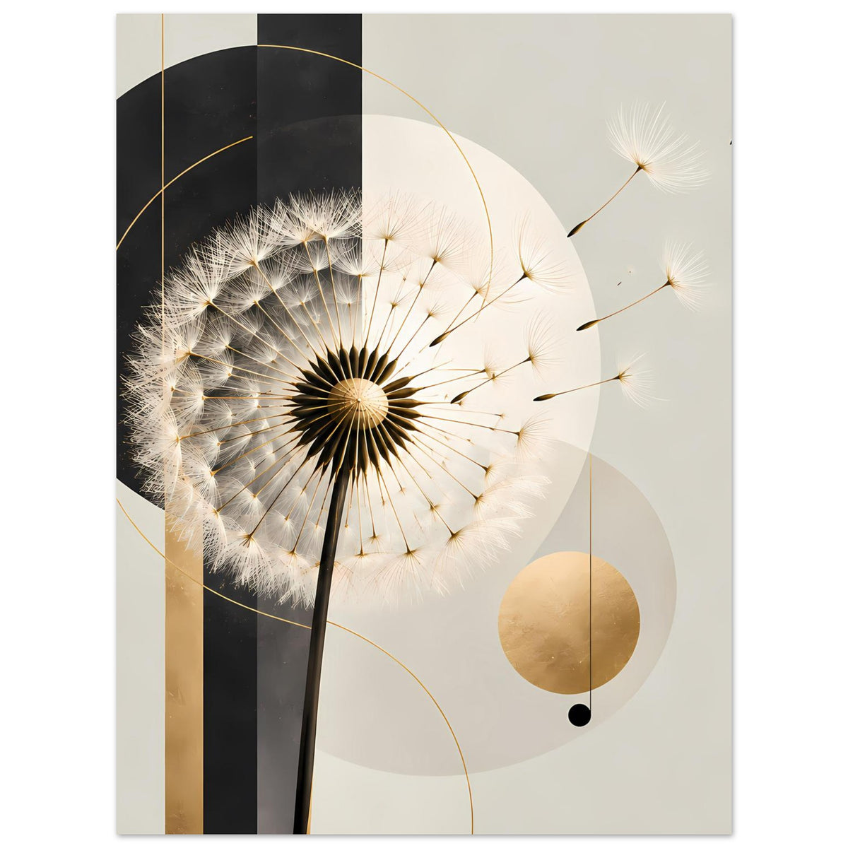 Wandposter mit Dandelion-Blüte, goldenen Linien um das Motiv, helle und dunkle Flächen