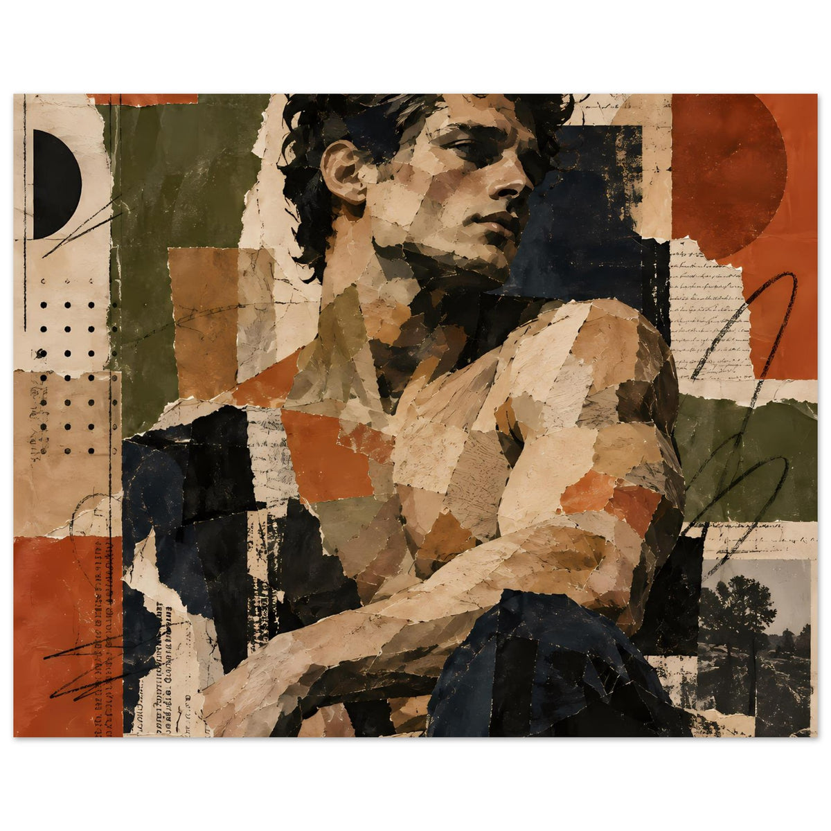 Kunstposter mit Vintage-Collage-Porträt in Erdtönen, zentriert, horizontale Ansicht.