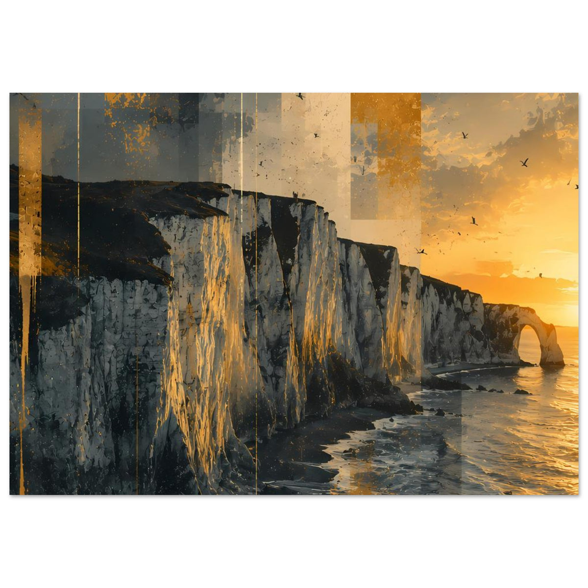 Querformat-Poster mit Küstenklippen, Bogen am Strand, goldener Sonnenuntergang und Wellen