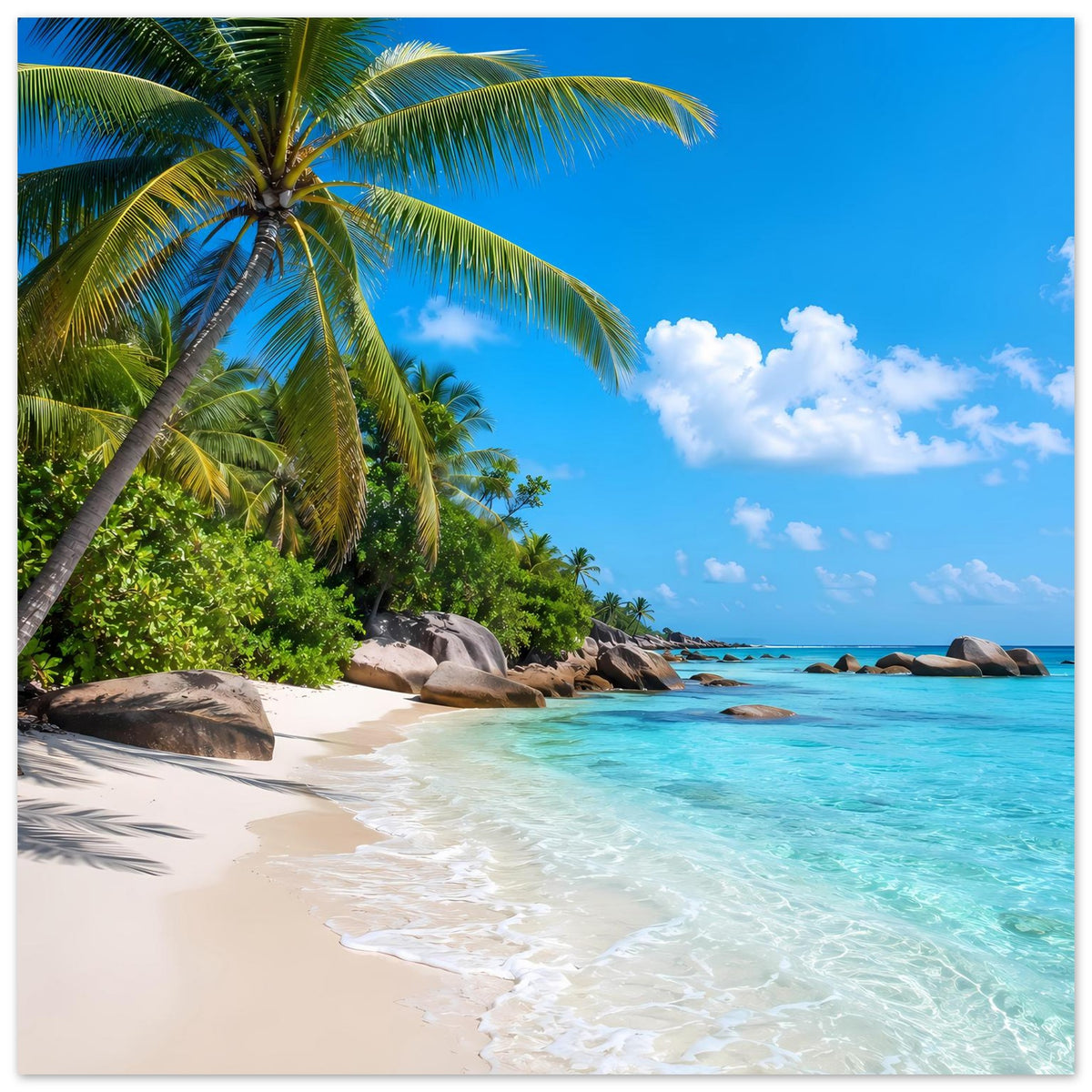 Horizontales Strand-Poster mit Palmen, Felsen im Meer und türkisblauem Wasser.