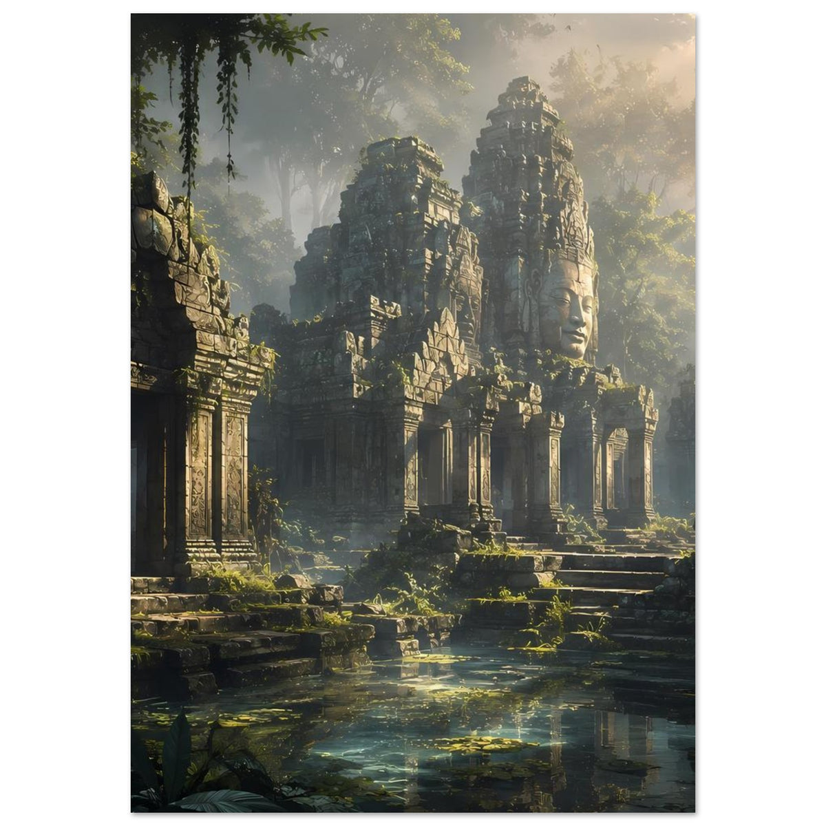 Poster mit Tempelruinen-Motiv, steinernen Säulen und Dschungelranken im Hochformat