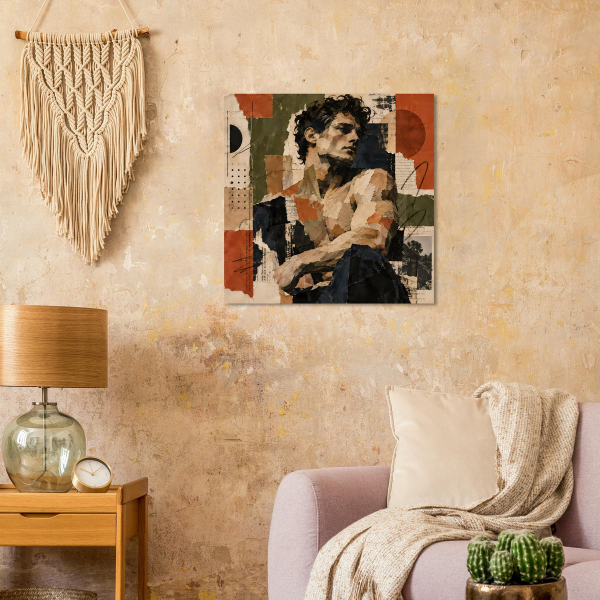 Vintage-Collagekunst-Poster mit Frauenporträt in Erdtönen, Patchwork-Optik und dunklen Akzenten