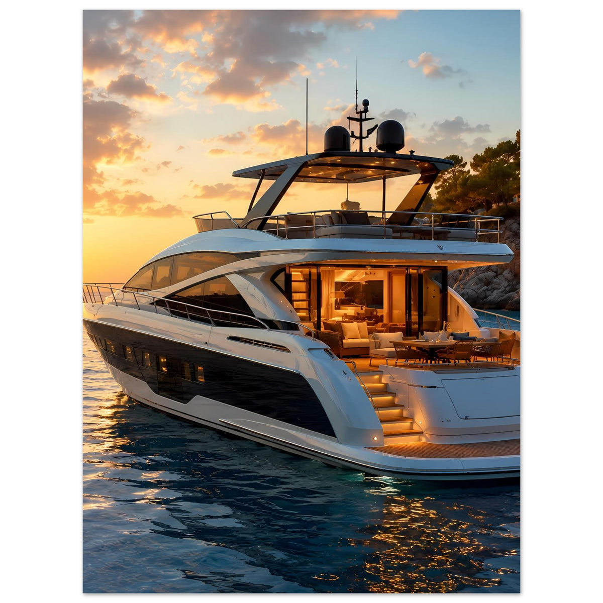 Poster mit weißer Yacht bei Sonnenuntergang, Bug im Vordergrund und Deckmöbel