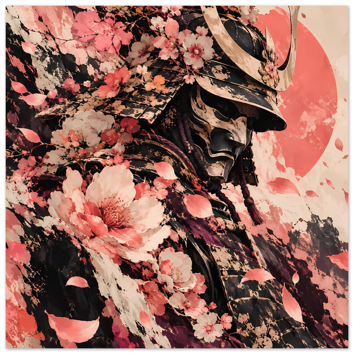Quadratisches Poster mit Samuraihelm und Kirschblüten, rosafarbenes Blumenarrangement.