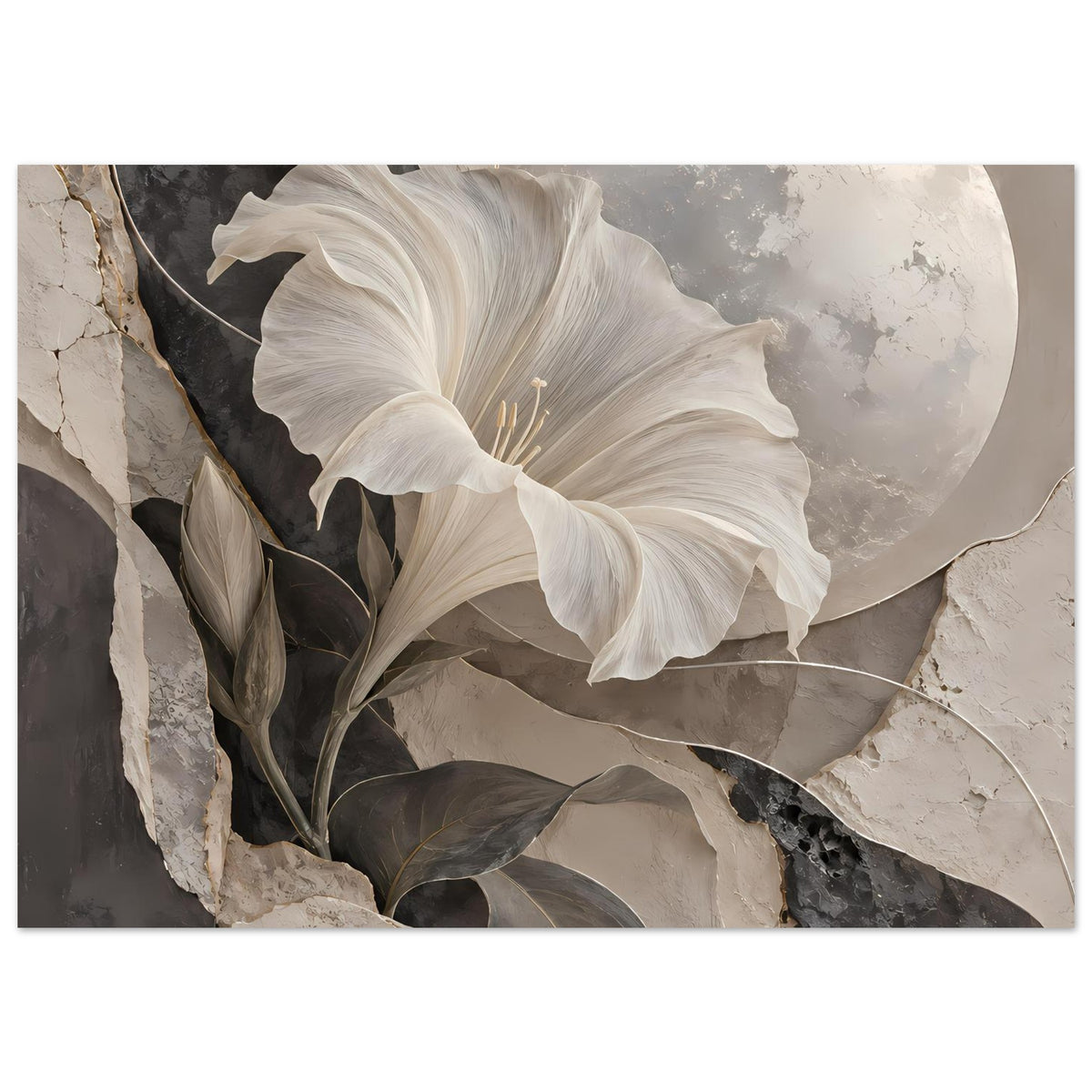 Kunstposter im Querformat mit weißen Lilienblüten, dunklen Blättern und hellem Mondkreis