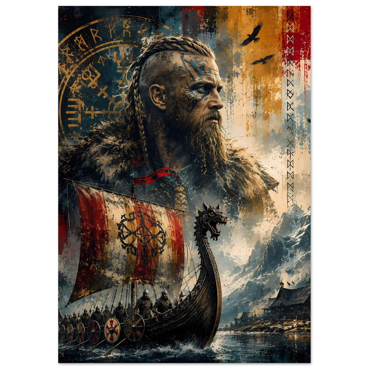 Wikinger-Legendenposter im Hochformat: Gesicht und Bart, Fahne, Schiffe und Nebelberge