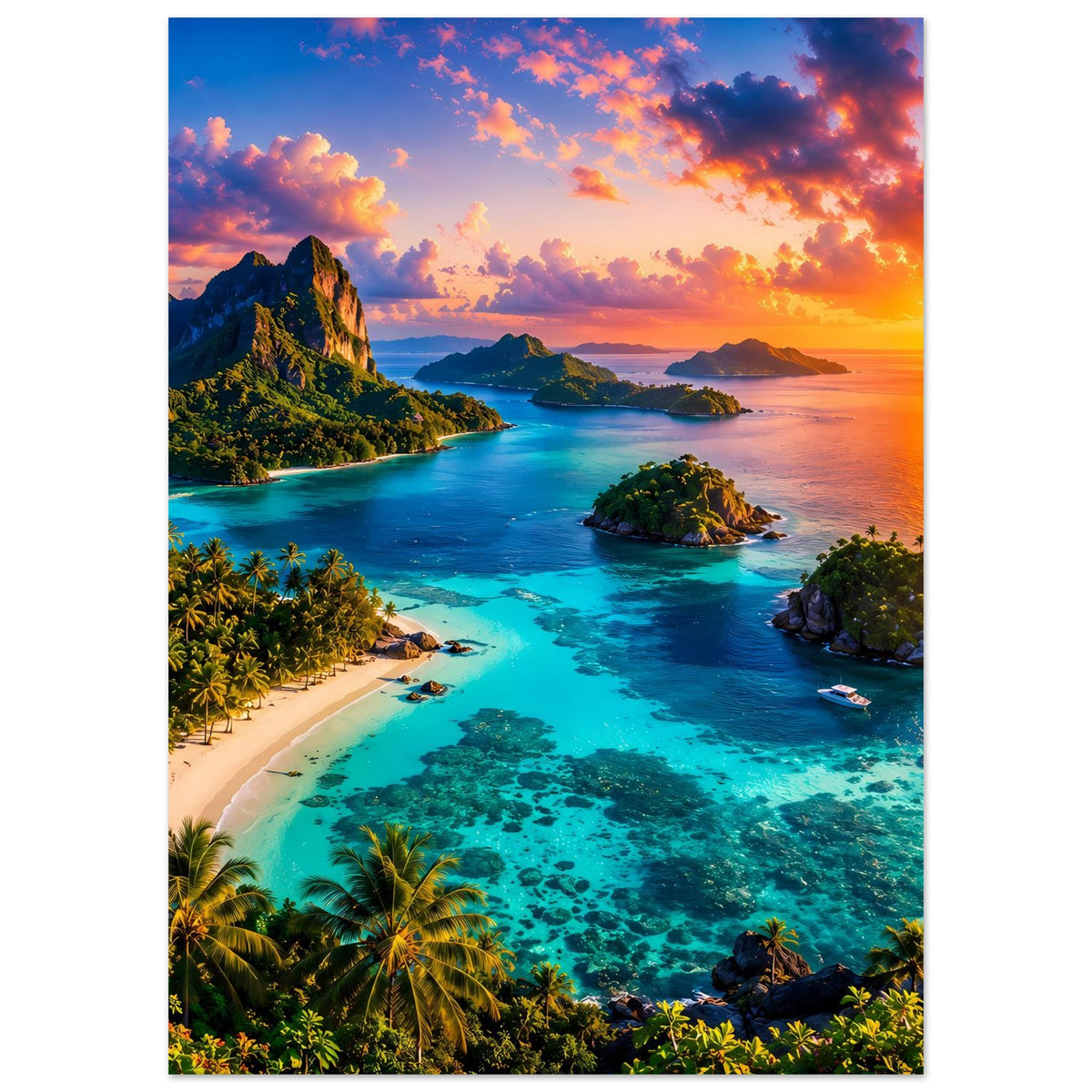 Poster mit türkisfarbener Lagune: Sandbucht, Inseln, Palmen und orangefarbener Sonnenuntergang