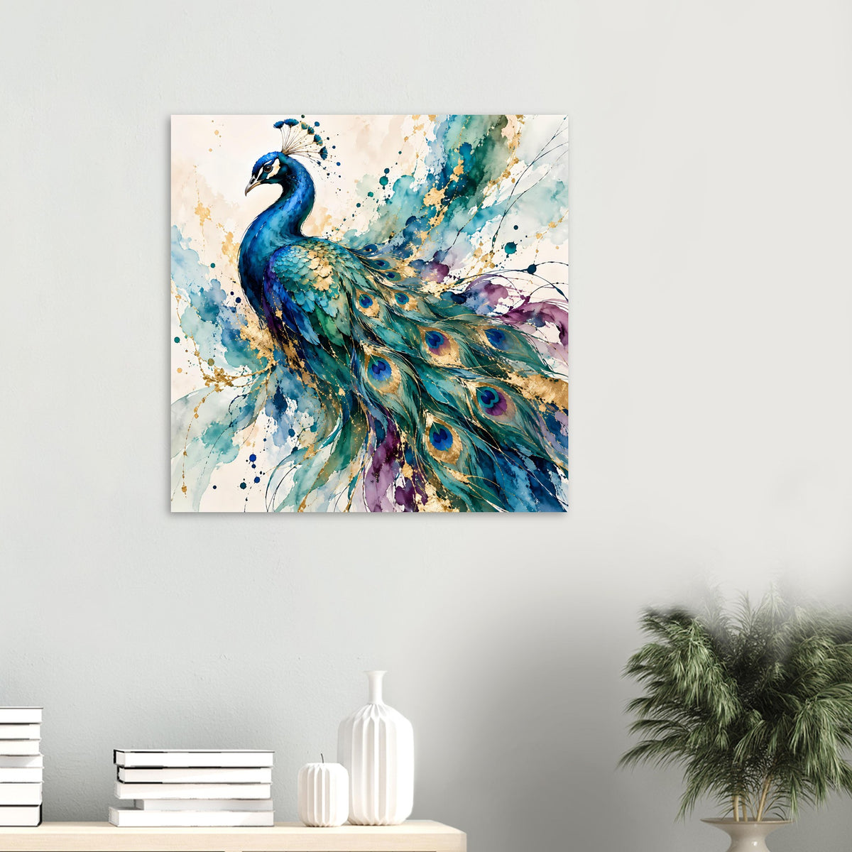 Kleines Aquarell-Poster mit blauem Pfau im Querformat, farbige Federaugen und Spritzer
