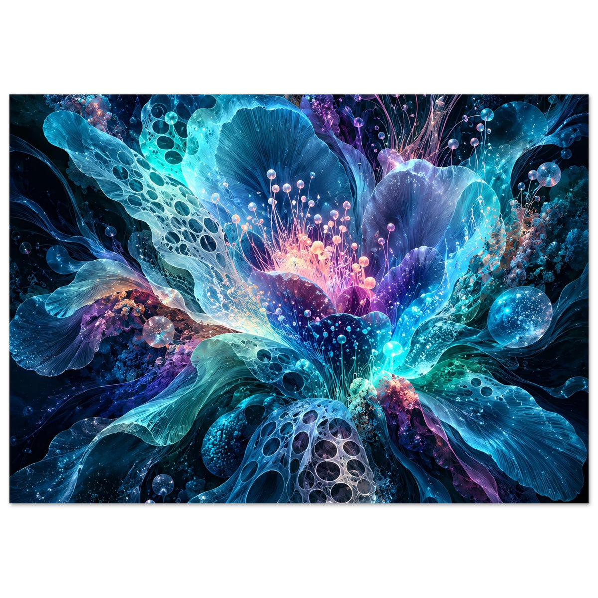 Leuchtendes Blumenposter, horizontal: große blaue Blüte mit violettem Glanz und Kugelbläschen