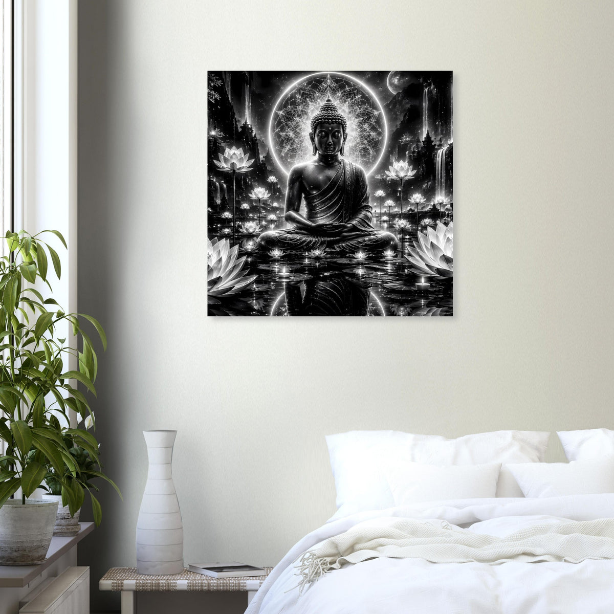 Buddha-Poster Schwarzweiß: meditierender Buddha im leuchtenden Kreis, Lotus-Elemente