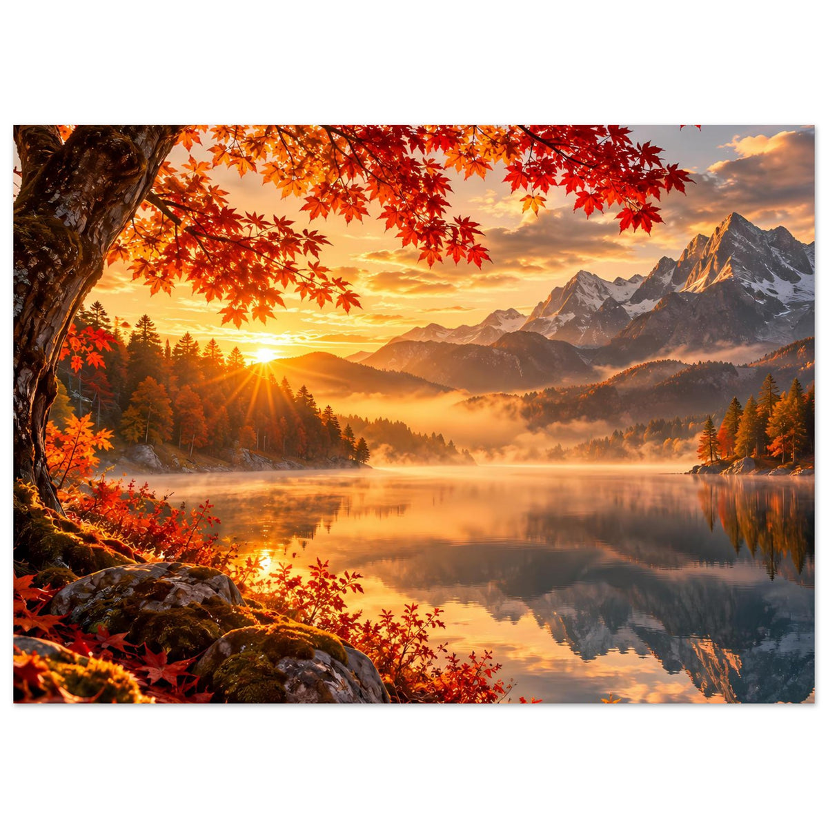 Herbstlandschaft-Poster mit großem Blick auf Wald, Sonne, See-Spiegelung und rote Blätter