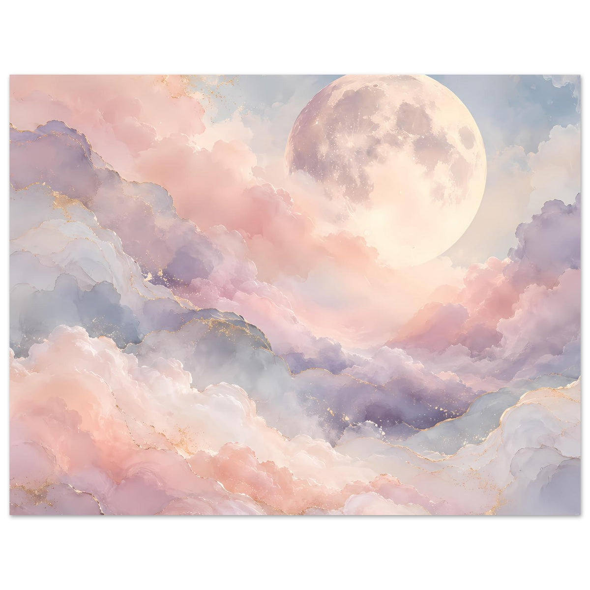 Poster im Querformat: Vollmond zwischen weichen, pastellfarbenen Wolken