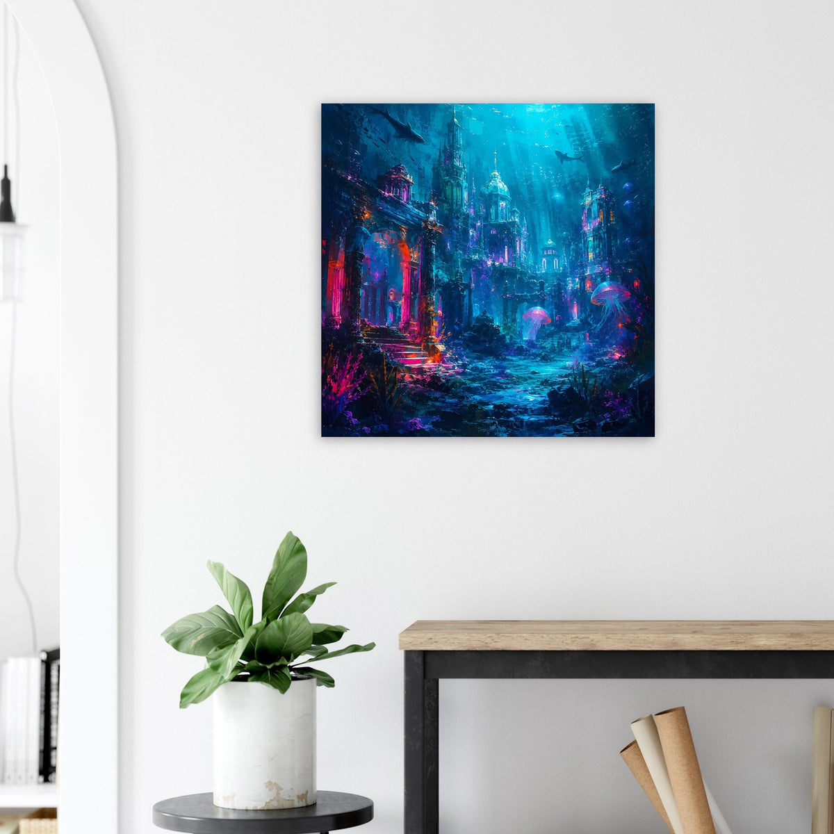 Quadratisches Poster mit versunkener Stadt und leuchtenden Quallen, blau mit violetten Akzenten