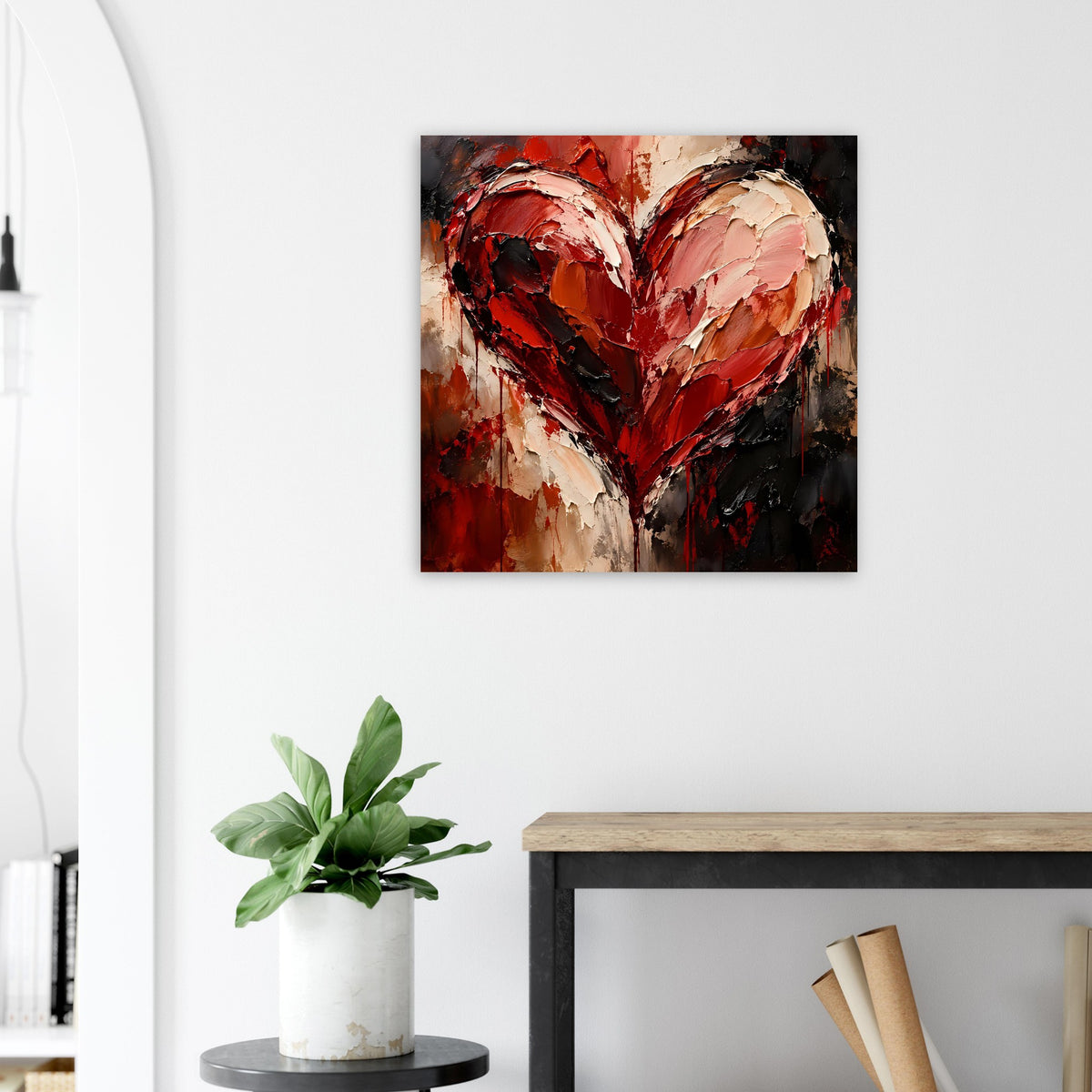 Quadratisches Poster mit abstraktem Herz aus Pinselstrichen in Rot und Beige