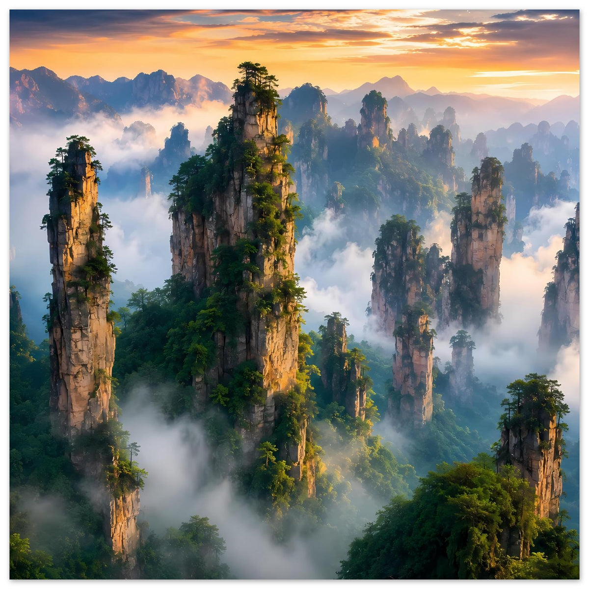 Vertikales Poster mit Dschungeltürmen bei Sonnenaufgang, Nebel und goldenes Licht