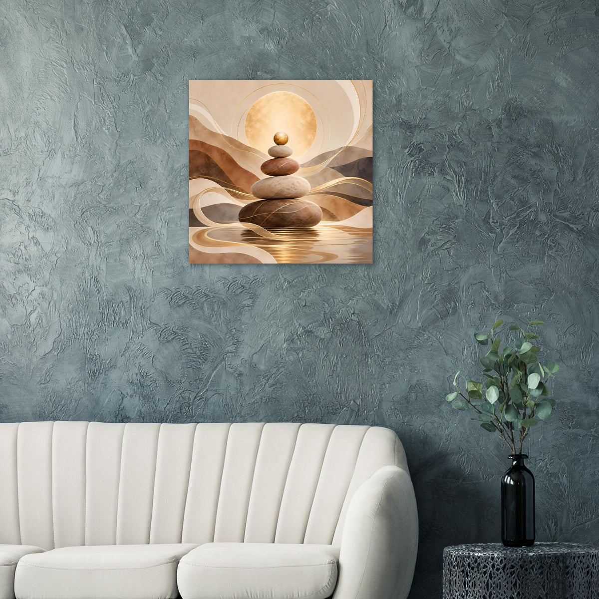 Wandposter mit balancierenden Steinen und Kreislicht, goldene Wellen in Erdtönen
