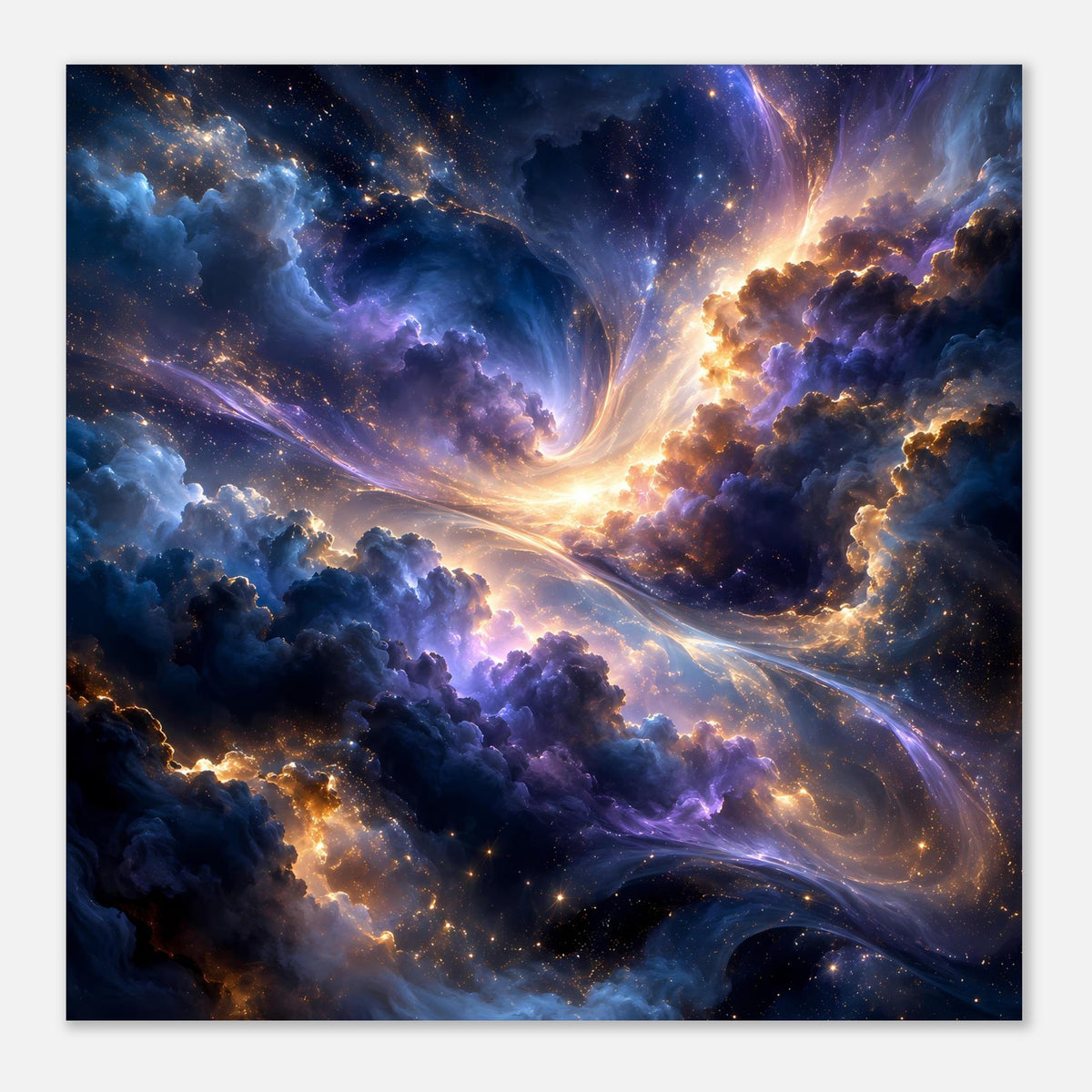Quadratisches Galaxieposter mit leuchtendem Zentrum und Sternnebeln, dunkle Wolken am Rand
