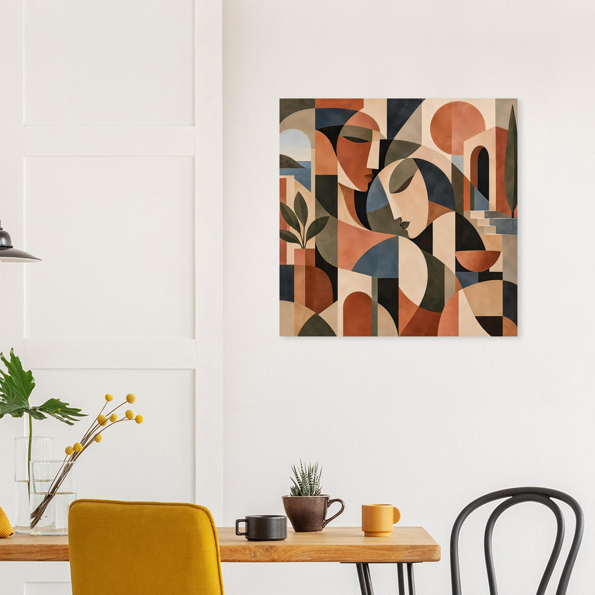 Quadratischer Art-Print mit überlagerten geometrischen Flächen in Terrakotta, Creme und Schwarz.